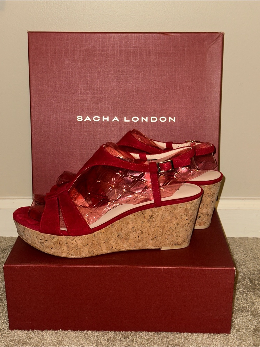 Sacha London Red Suede Cork Wedge Sandals